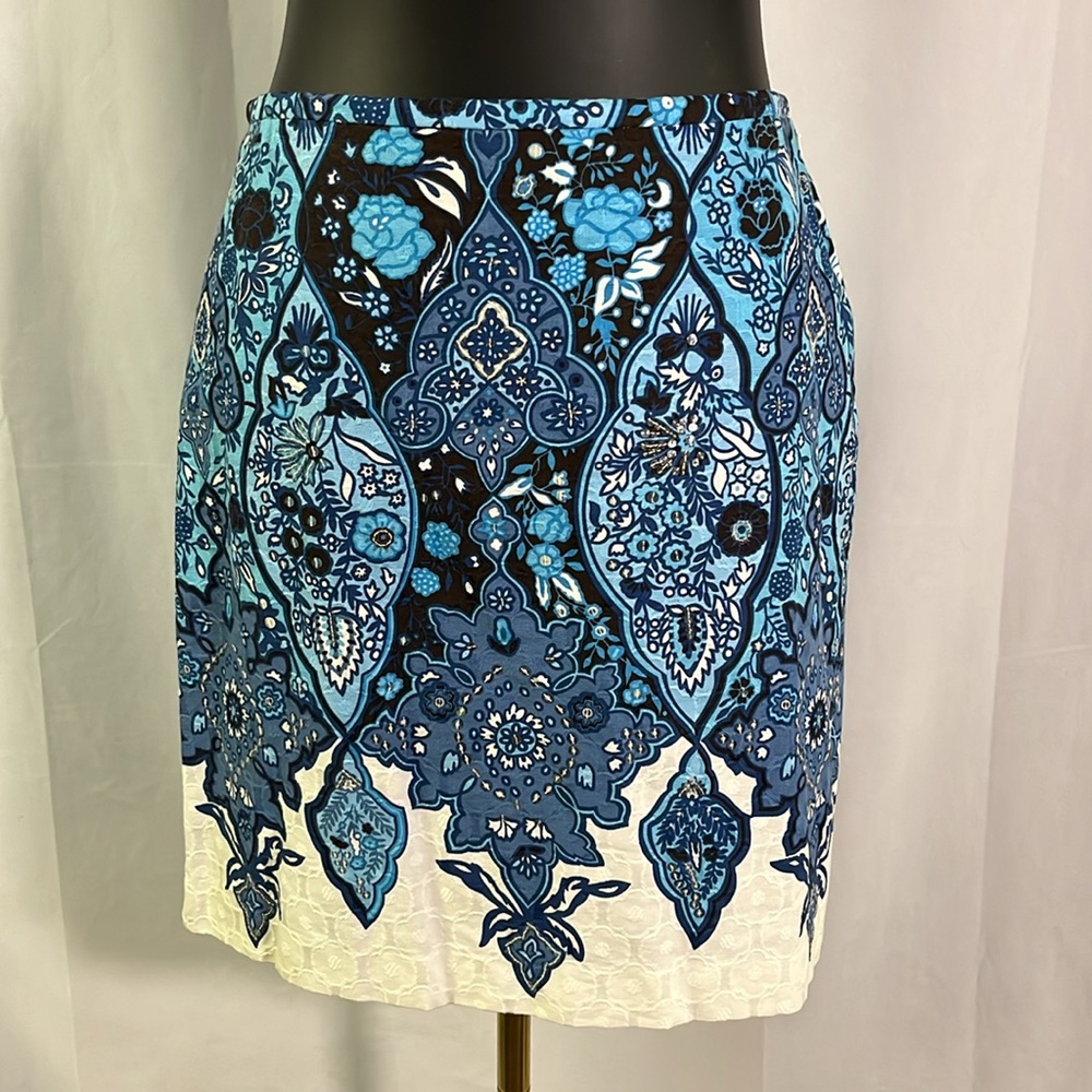 NWT Ann Taylor Blue & White Floral Print Sequin Embellished Cotton Pencil Skirt